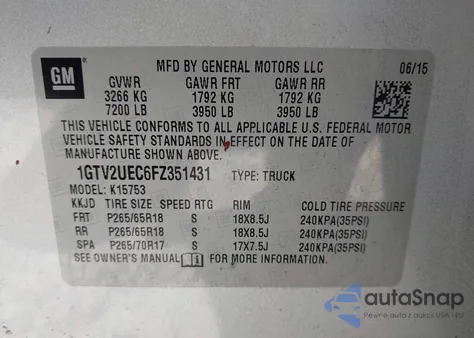 2015 GMC Sierra 1500 Sle z USA, uszkodzony, nr VIN 1GTV2UEC6FZ351431